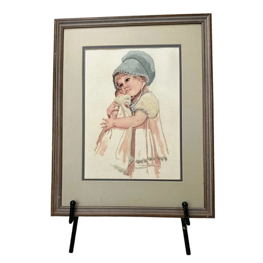 Vintage Jan Hagara Completed Needlepoint Cross Stitch Girl Doll Handmade Framed